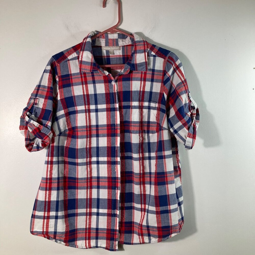 Womens Woman Within Cotton Plaid Button Shirt RWB 18/20 L Petite